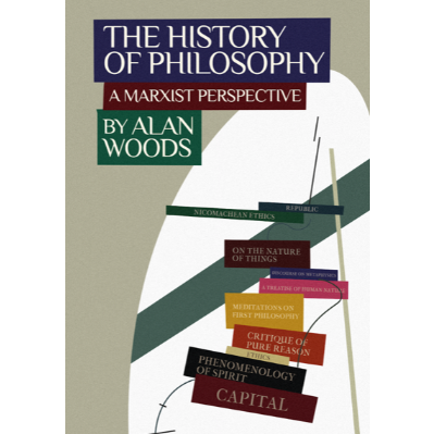 Book cover of 'The History of Philosophy: A Marxist Perspective' by Alan Woods with a stylized silhouette of a person reading.